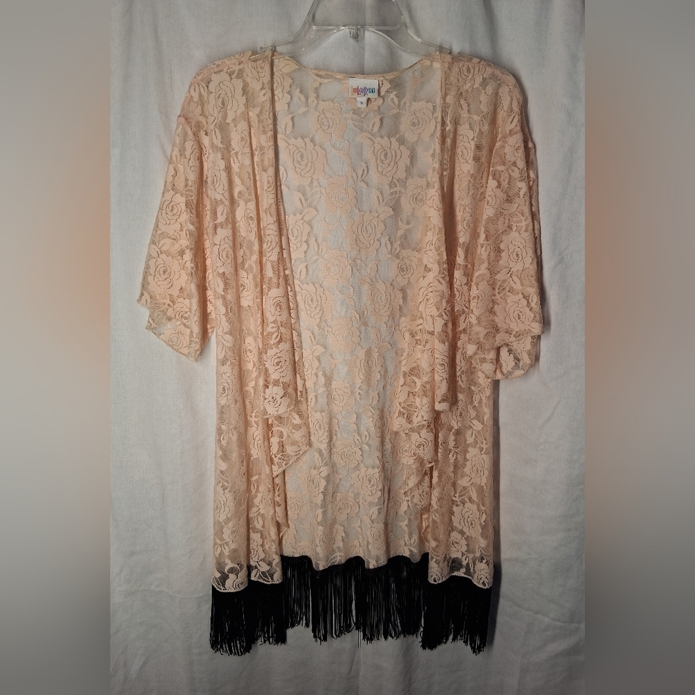 LuLaRoe Peach Lace Fringe Midi Kimono